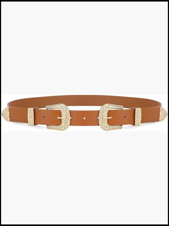Vintage Western Leather Belt Double Buckle Retro Cowgirl Waist Accessory
